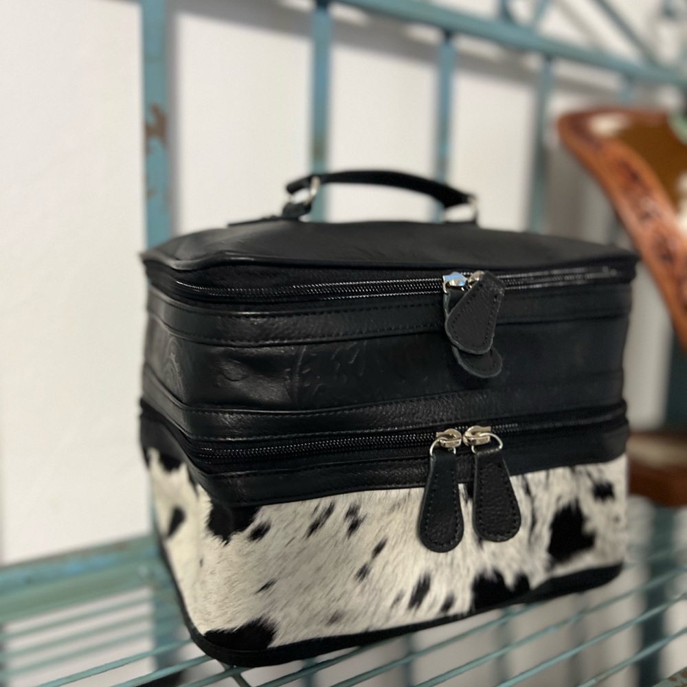 Black White Genuine Cowhide Embossed Leather Makeup Bag Travel Cosmetic Case - Picture 9 of 16
